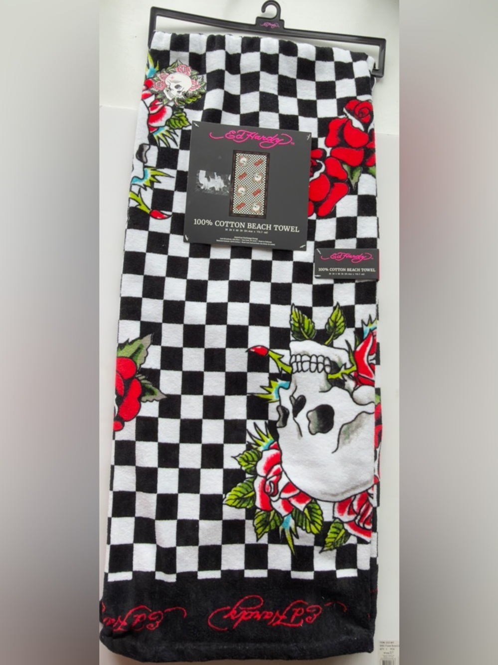 Ed Hardy Black, White & Pink Checkerboard Skull Beach Towel
